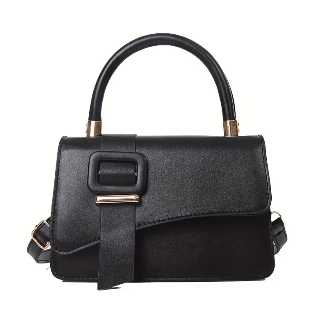 Unbranded Black Vegan Leather Top Handle Satchel Crossbody Bag Gold Hardware